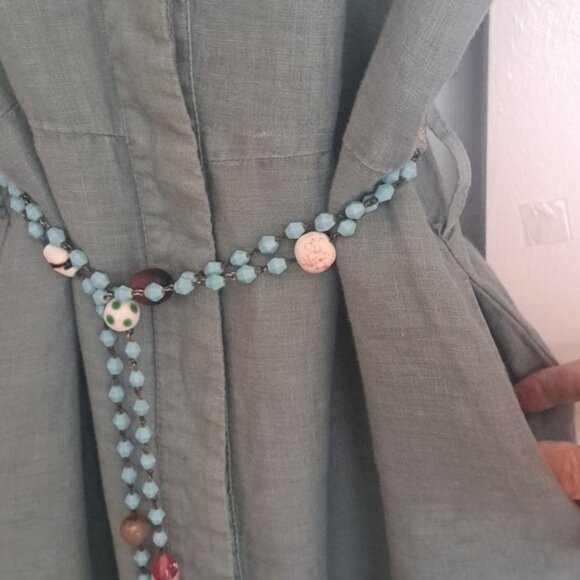 Greek Arcaic Kori Seafoam Color Linen Dress Gold Embroidery szXS missing  sash - Picture 4 of 12